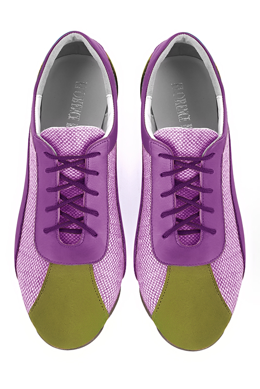 Pistachio green, hot pink and mauve purple women's open back shoes. Round toe. Flat rubber soles. Top view - Florence KOOIJMAN